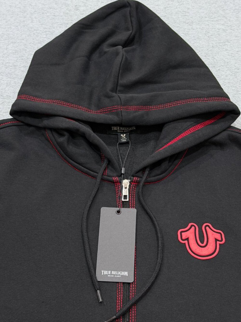 True Religion Mens TNL Puff Buddha Full Zip Hoodie Large L Black Red Stitch NWT - Picture 3 of 16